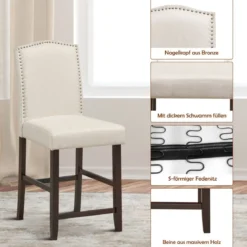2 Tresenhocker Esszimmer-Barhocker mit Polsterung Beine aus Kautschukholz hohe Freizeitstühle Beige