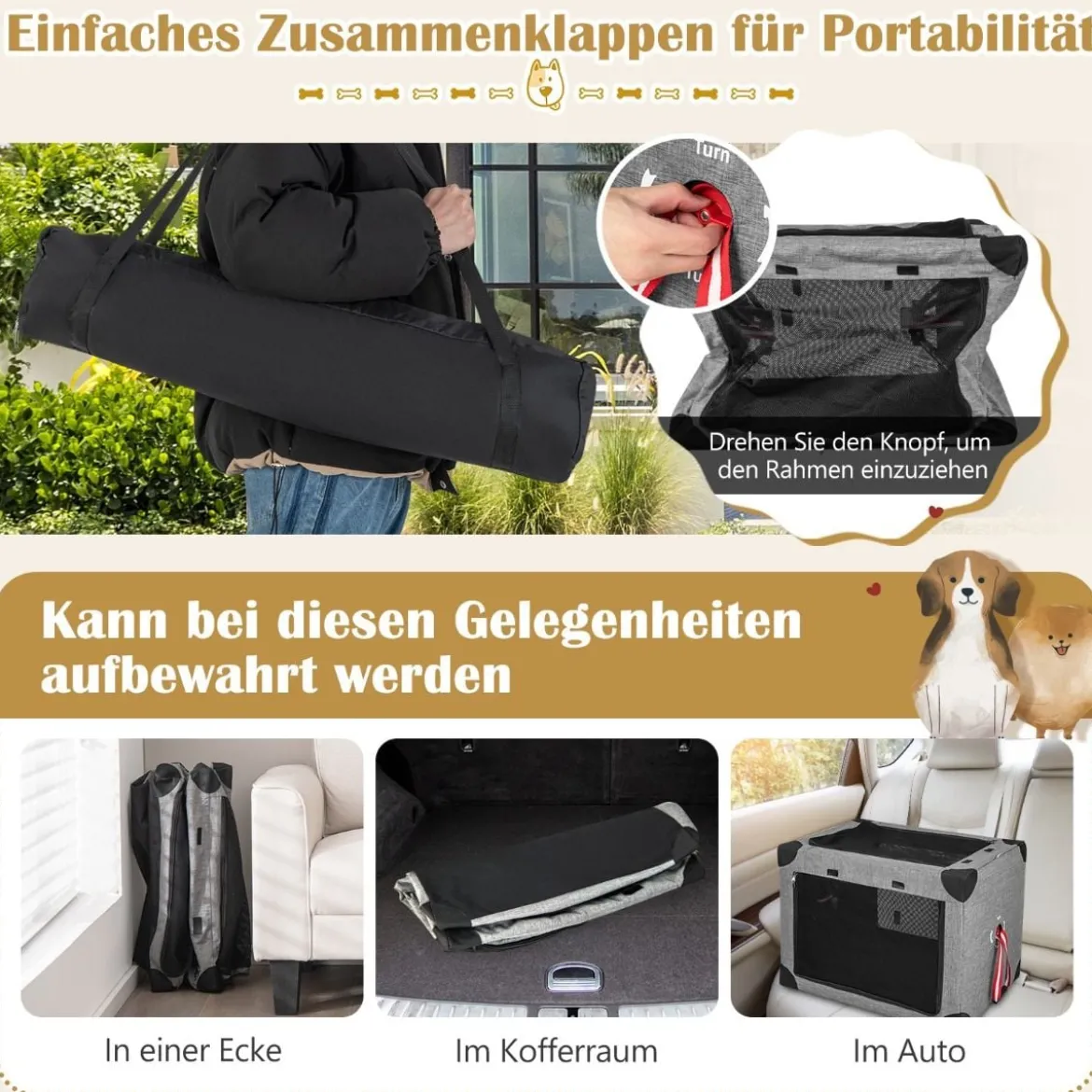 3-türige Klappbare Hundekiste mit Abnehmbarem Pad & Metallrahmen 65 x 45 x 45 cm