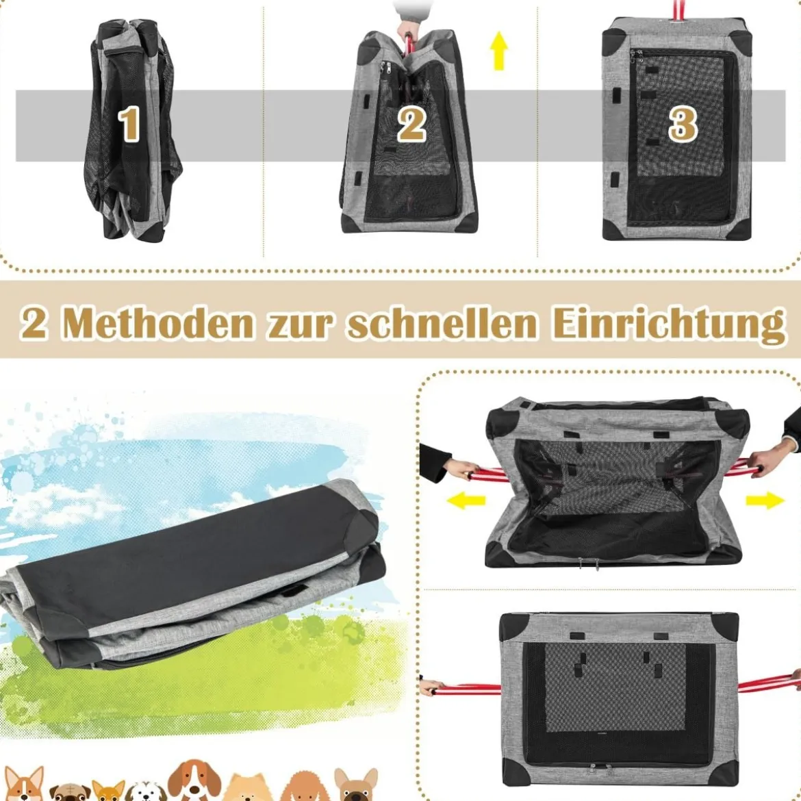 3-türige Klappbare Hundekiste mit Abnehmbarem Pad & Metallrahmen 80 x 59 x 59 cm