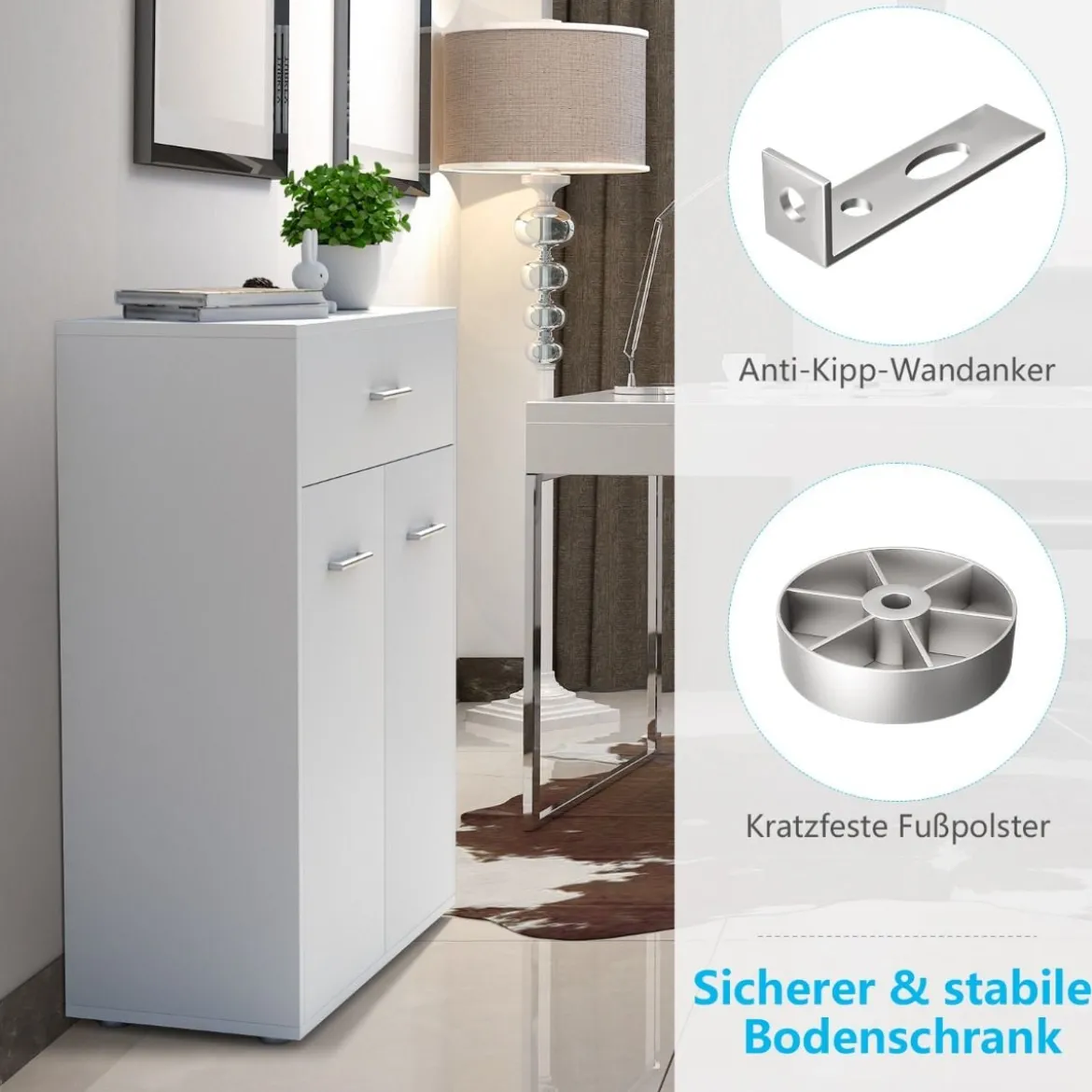 2-türiger Badschrank aus Holz mit Großer Schublade & Verstellbarem Regal Weiß