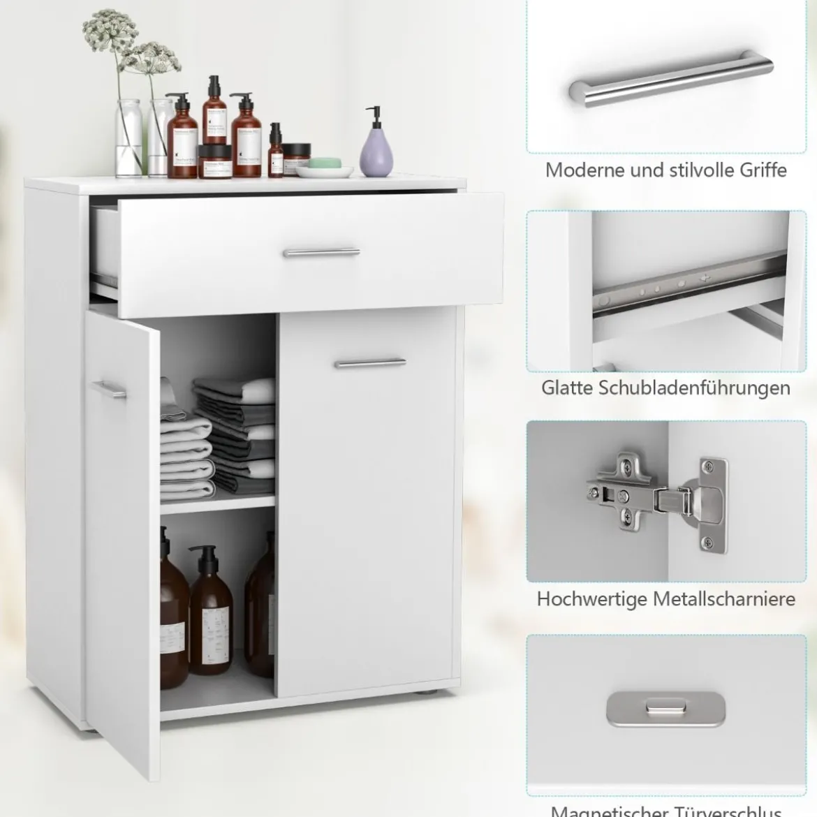 2-türiger Badschrank aus Holz mit Großer Schublade & Verstellbarem Regal Weiß