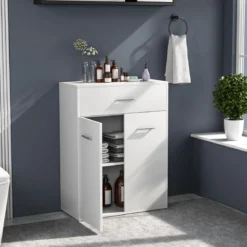 2-türiger Badschrank aus Holz mit Großer Schublade & Verstellbarem Regal Weiß