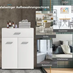 2-türiger Badschrank aus Holz mit Großer Schublade & Verstellbarem Regal Weiß