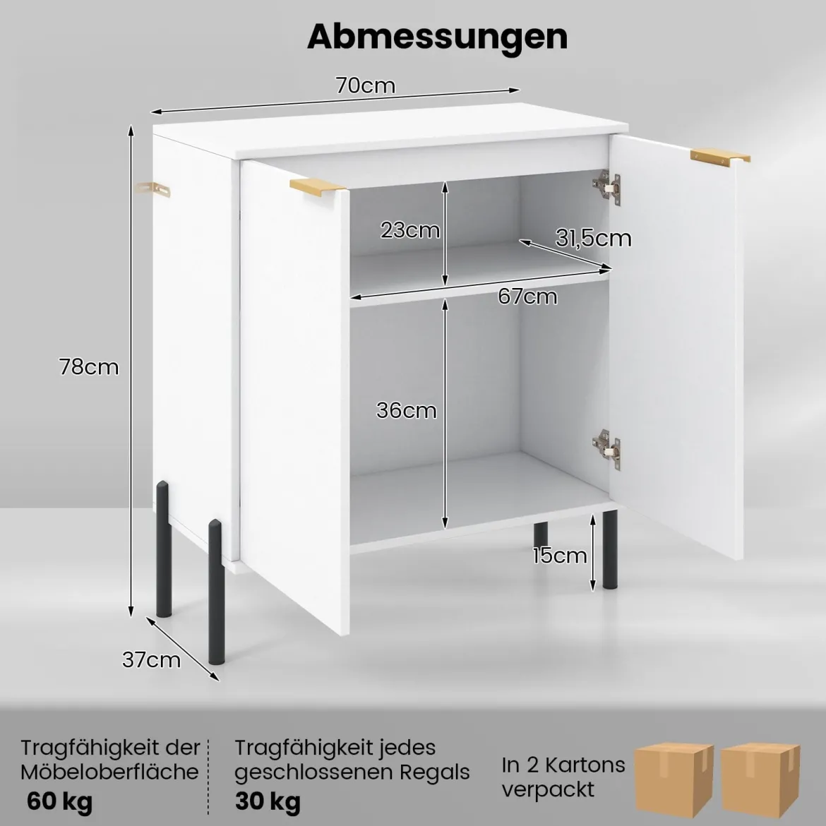 2-Türiger Buffet-Schrank Sideboard-Schrank mit Regal Metallbeinen Kippschutz & verstellbaren Scharnieren Moderner Schrank Weiß