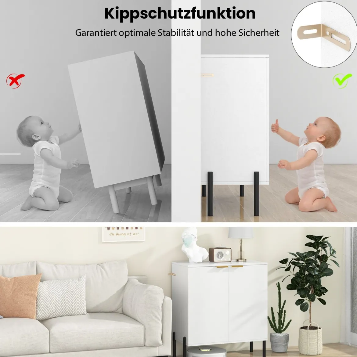 2-Türiger Buffet-Schrank Sideboard-Schrank mit Regal Metallbeinen Kippschutz & verstellbaren Scharnieren Moderner Schrank Weiß