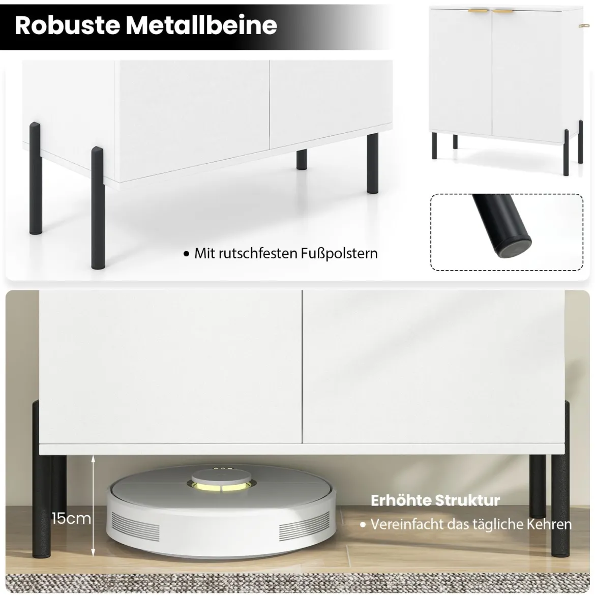 2-Türiger Buffet-Schrank Sideboard-Schrank mit Regal Metallbeinen Kippschutz & verstellbaren Scharnieren Moderner Schrank Weiß