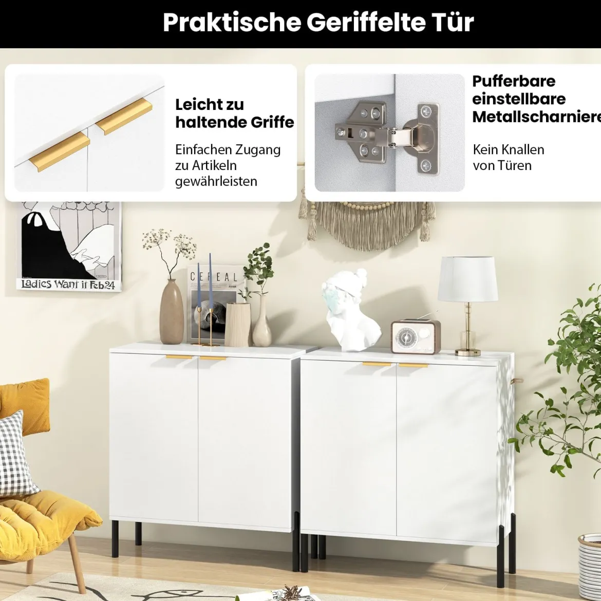 2-Türiger Buffet-Schrank Sideboard-Schrank mit Regal Metallbeinen Kippschutz & verstellbaren Scharnieren Moderner Schrank Weiß