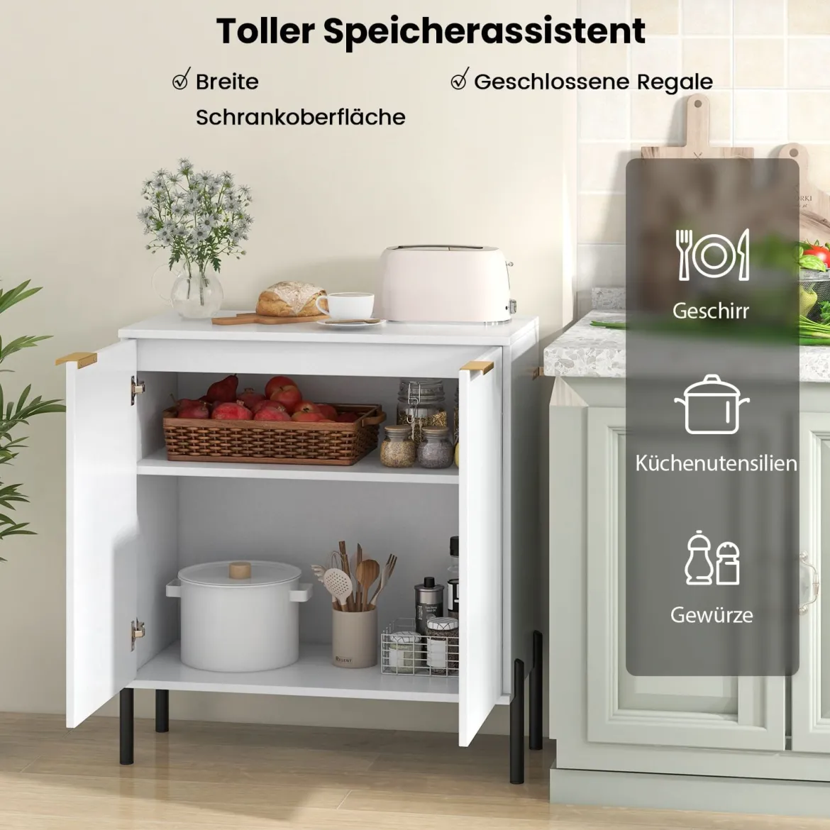 2-Türiger Buffet-Schrank Sideboard-Schrank mit Regal Metallbeinen Kippschutz & verstellbaren Scharnieren Moderner Schrank Weiß