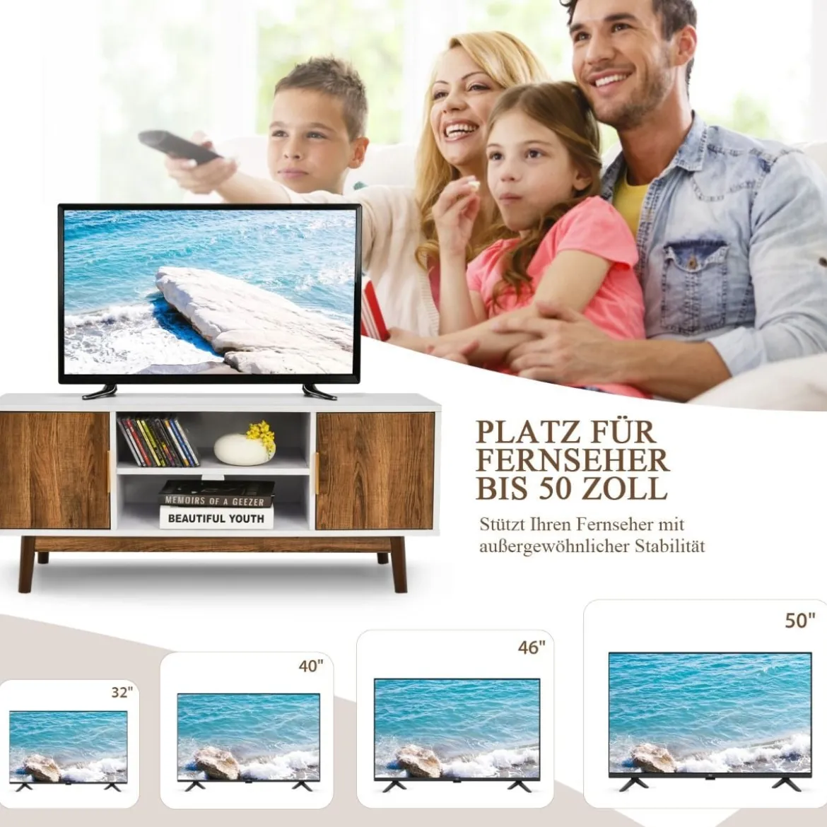 2-türiger TV-Ständer für Flachbildfernseher bis zu 50" Kommode mit offenem Regal