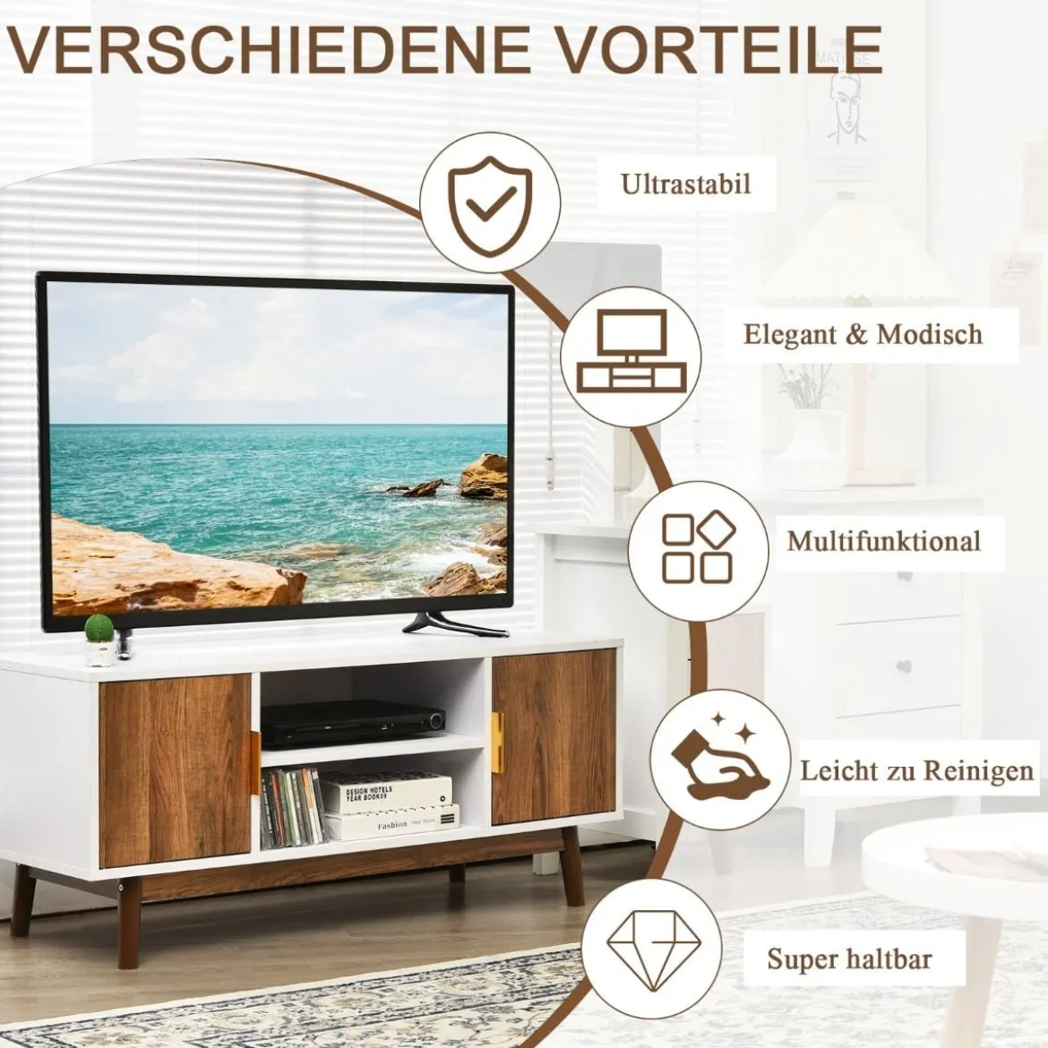2-türiger TV-Ständer für Flachbildfernseher bis zu 50" Kommode mit offenem Regal