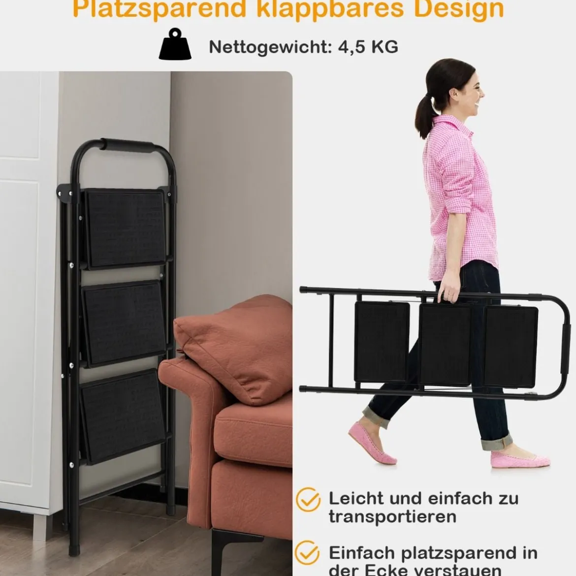 Trittleiter mit 3 Stufen klappbare Kletterhilfe mit Rutschfesten Stufen 64 x 39 x 90 cm Schwarz