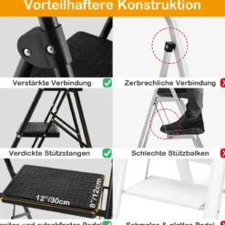 Trittleiter mit 3 Stufen klappbare Kletterhilfe mit Rutschfesten Stufen 64 x 39 x 90 cm Schwarz