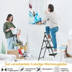 Trittleiter mit 3 Stufen klappbare Kletterhilfe mit Rutschfesten Stufen 64 x 39 x 90 cm Schwarz