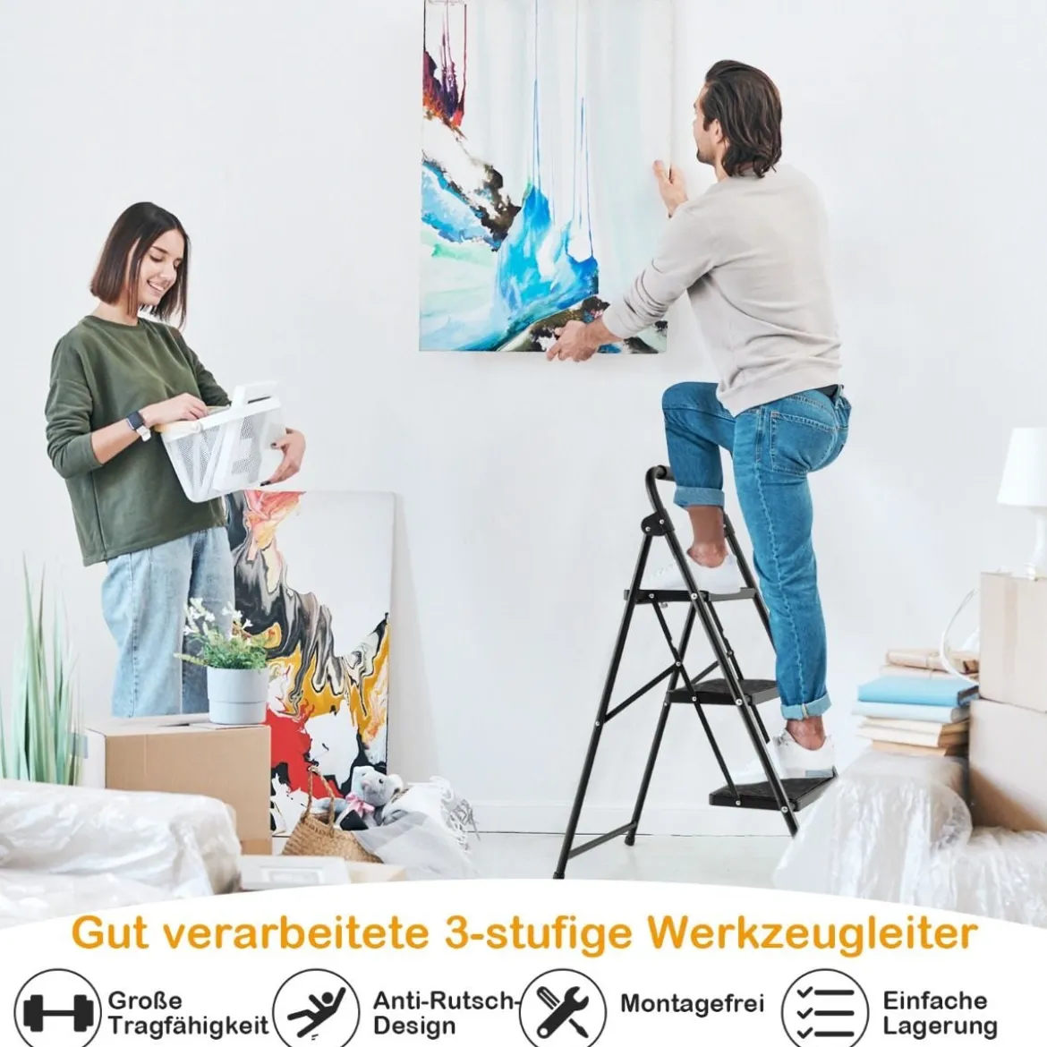 Trittleiter mit 3 Stufen klappbare Kletterhilfe mit Rutschfesten Stufen 64 x 39 x 90 cm Schwarz