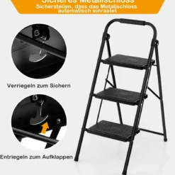 Trittleiter mit 3 Stufen klappbare Kletterhilfe mit Rutschfesten Stufen 64 x 39 x 90 cm Schwarz