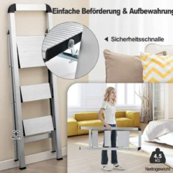 Trittleiter mit 3 Stufen Klappbarer Tritthocker aus Aluminium mit Rutschfesten Stufen 62 x 44 x 109 cm Silber