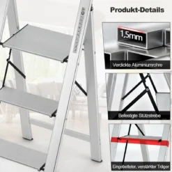 Trittleiter mit 3 Stufen Klappbarer Tritthocker aus Aluminium mit Rutschfesten Stufen 62 x 44 x 109 cm Silber