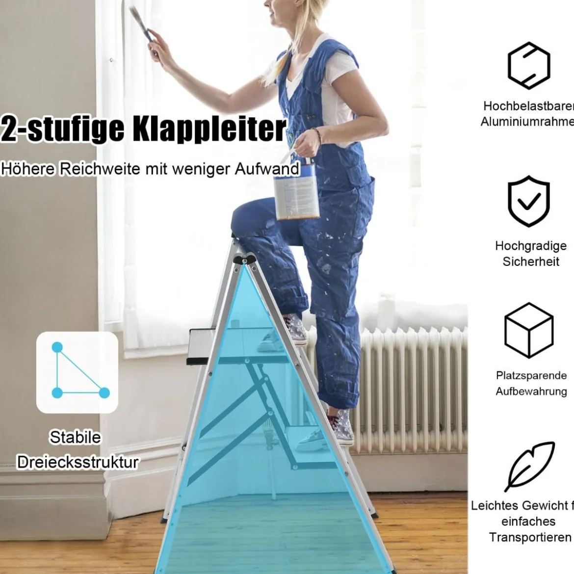 Trittleiter 2 Stufen Stehleiter Aluminium Klappleiter bis 150 kg Silber