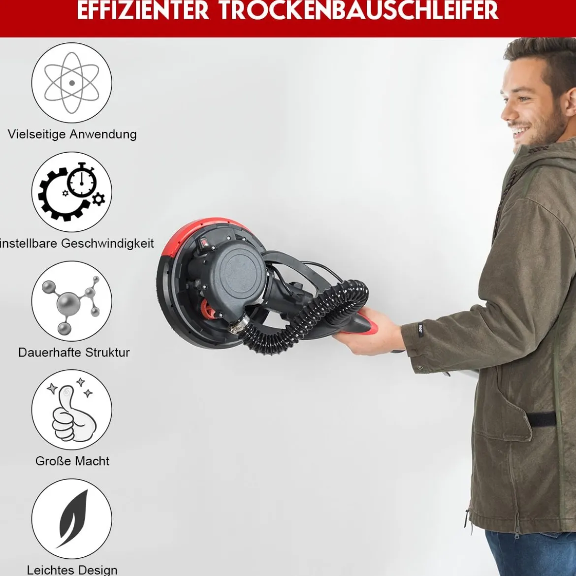Trockenbauschleifer 750W Elektrischer Deckenschleifer Wandschleifmaschine mit LED-Licht