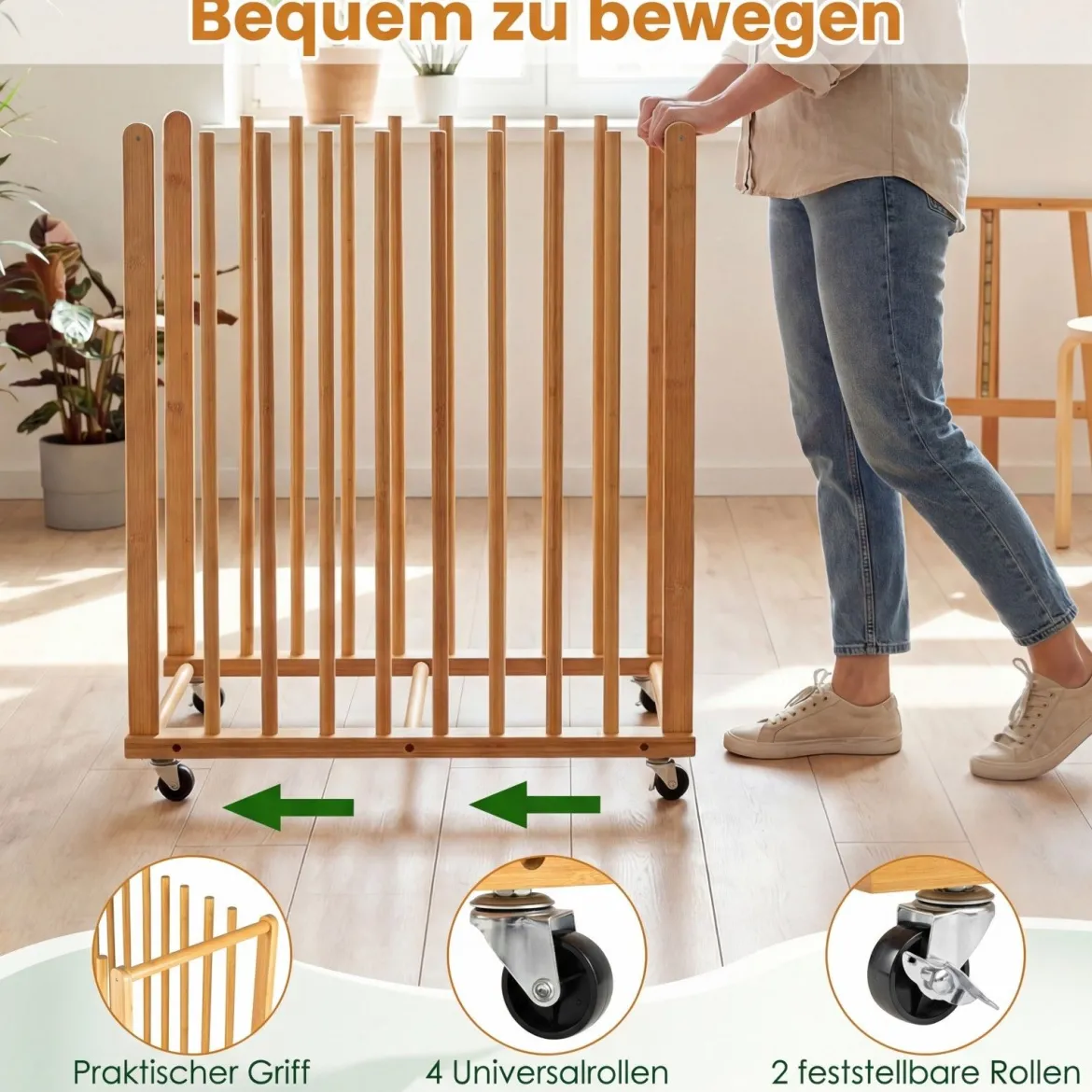 Trocken-Malregal aus Bambus mit 9 Schlitzen Griff & Rollen in Natürlicher Optik 75 x 40 x 81 cm