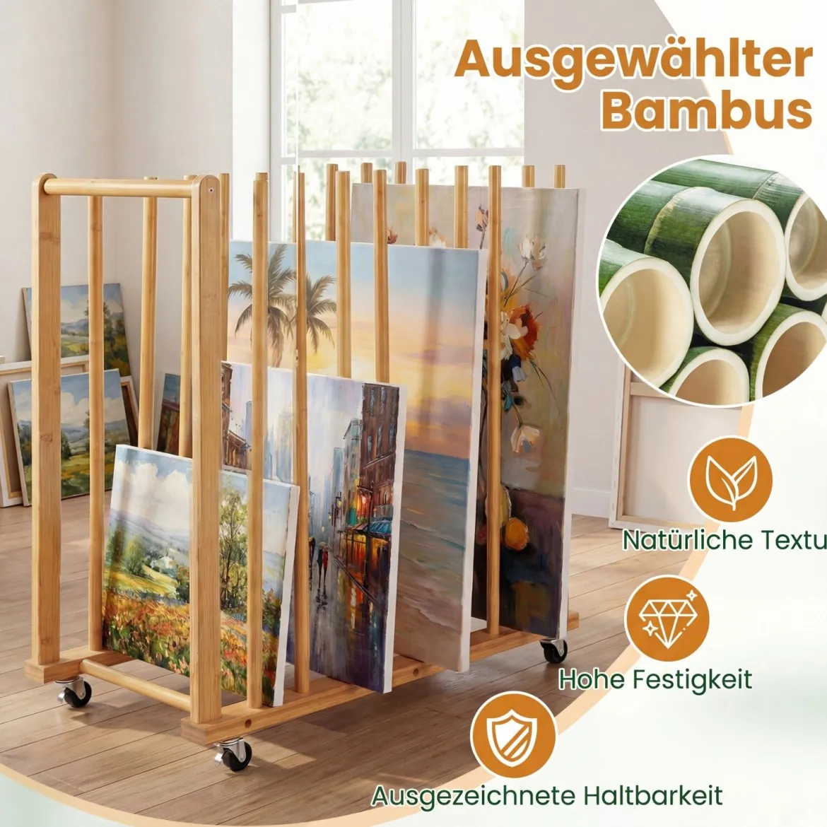 Trocken-Malregal aus Bambus mit 9 Schlitzen Griff & Rollen in Natürlicher Optik 75 x 40 x 81 cm