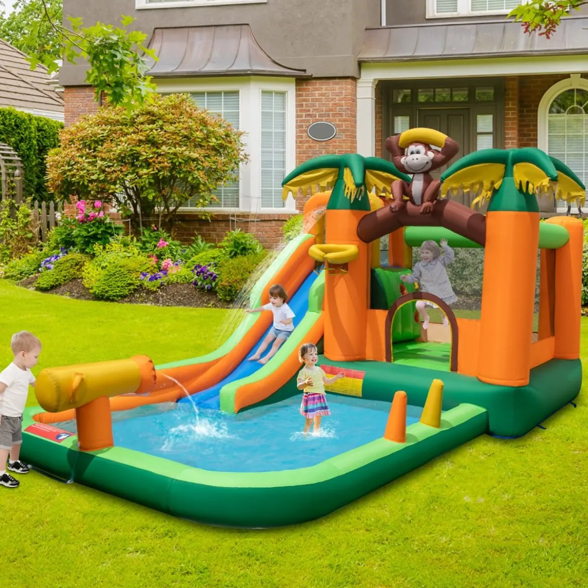 Tropischer 7-in-1-Wasserpark mit Rutsche & Basketballkorb & Wasserpistole mit 680-W Gebläse