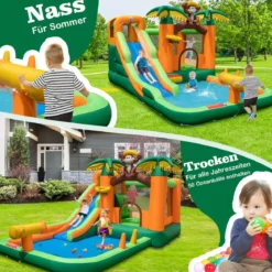 Tropischer 7-in-1-Wasserpark mit Rutsche & Basketballkorb & Wasserpistole mit 680-W Gebläse