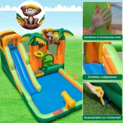 Tropischer 7-in-1-Wasserpark mit Rutsche & Basketballkorb & Wasserpistole mit 680-W Gebläse