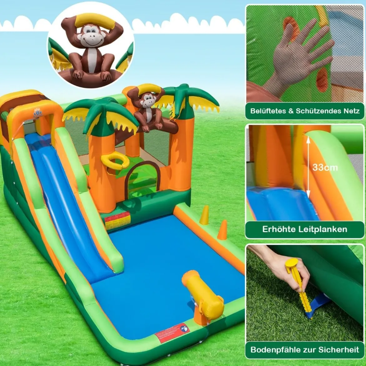 Tropischer 7-in-1-Wasserpark mit Rutsche & Basketballkorb & Wasserpistole mit 680-W Gebläse