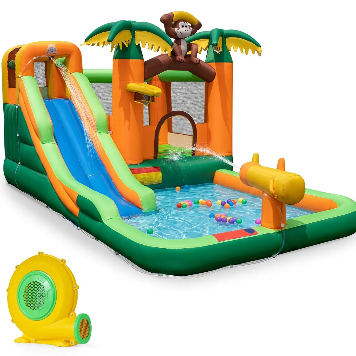 Tropischer 7-in-1-Wasserpark mit Rutsche & Basketballkorb & Wasserpistole mit 680-W Gebläse
