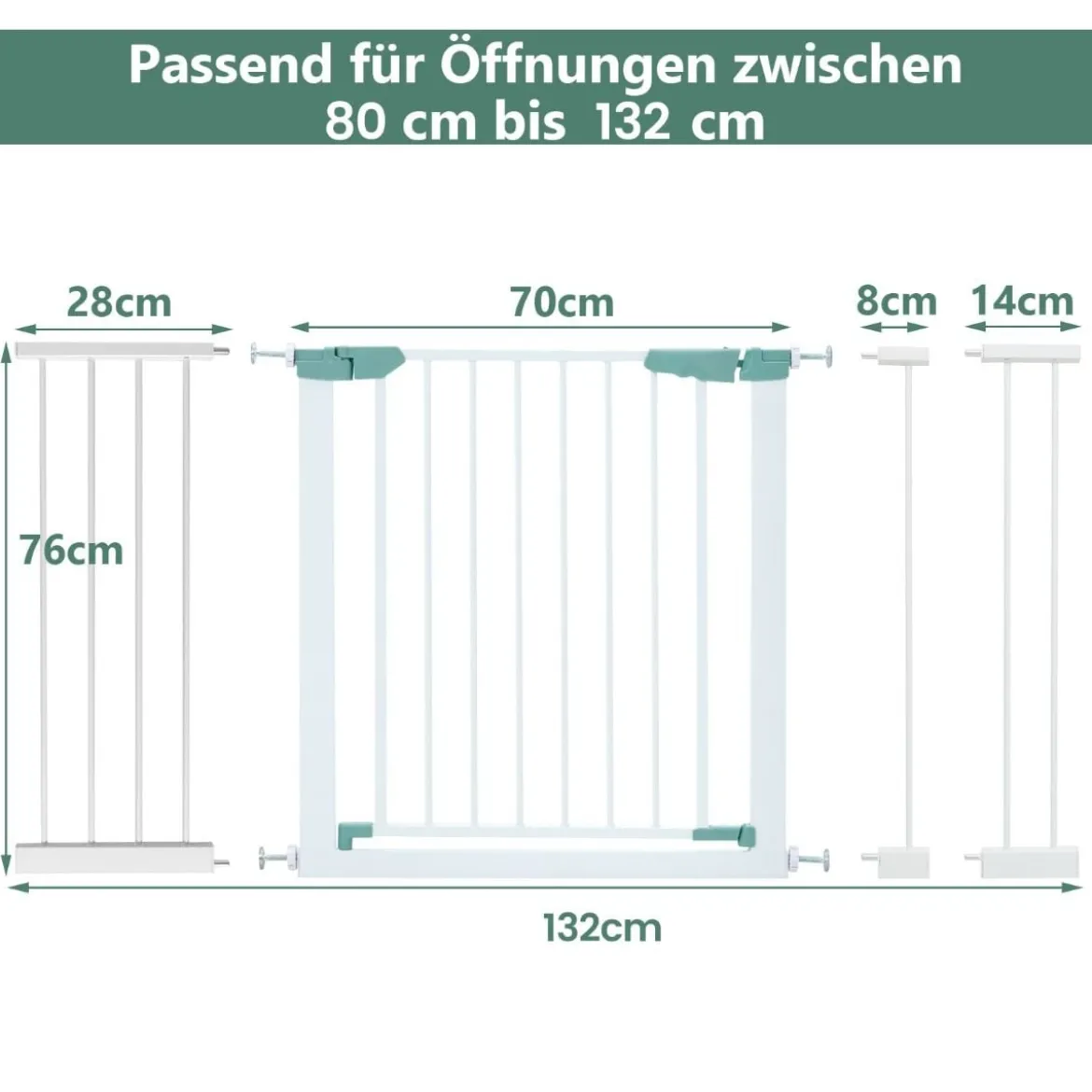 Türschutzgitter Baby 80-132cm Treppenschutzgitter aus Metall ohne Bohren 80-130 x 2 x 76 cm Weiß