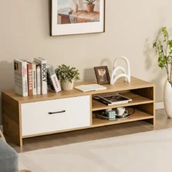 TV-Regal für Fernseher bis zu 55 Zoll mit Schublade und Regal multifunktionaler Fernsehschrank Natur