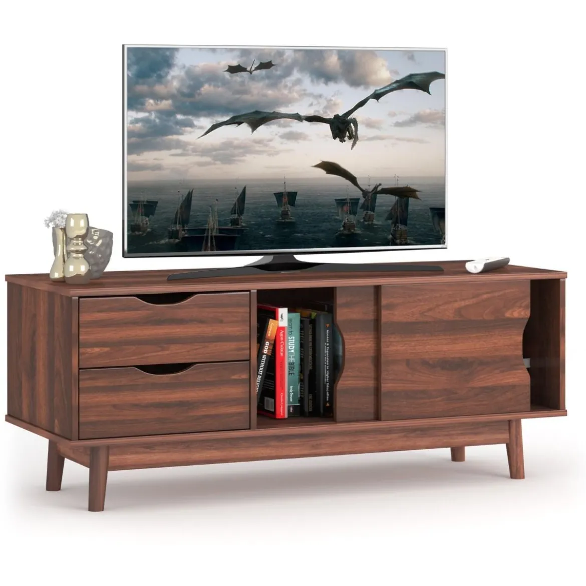 TV-Regal TV-Konsolenschrank für Fernseher bis zu 60 Zoll mit 2 Schubladen 120 x 45 x 45 cm Walnuss