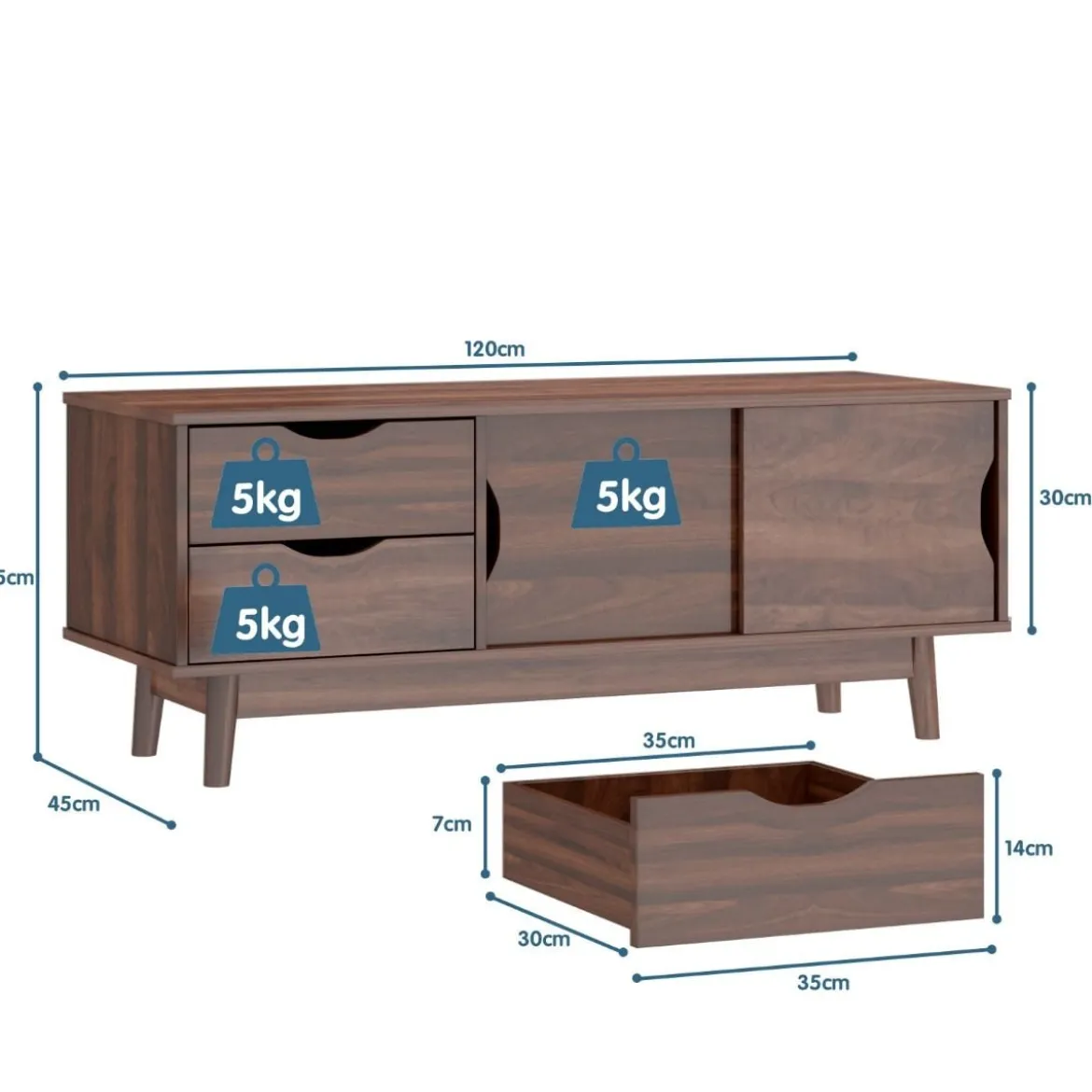 TV-Regal TV-Konsolenschrank für Fernseher bis zu 60 Zoll mit 2 Schubladen 120 x 45 x 45 cm Walnuss