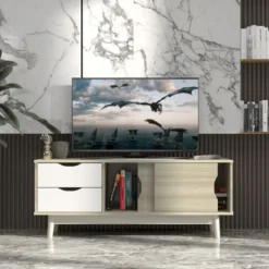 TV-Regal TV-Konsolenschrank für Fernseher bis zu 60 Zoll mit 2 Schubladen 120 x 45 x 45 cm Eiche