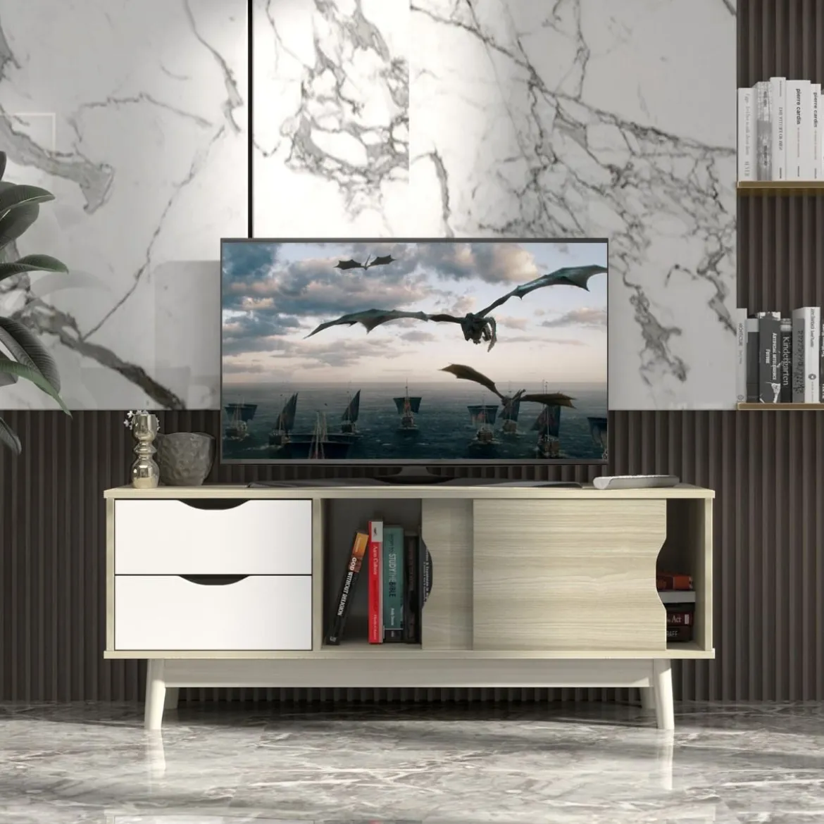 TV-Regal TV-Konsolenschrank für Fernseher bis zu 60 Zoll mit 2 Schubladen 120 x 45 x 45 cm Eiche