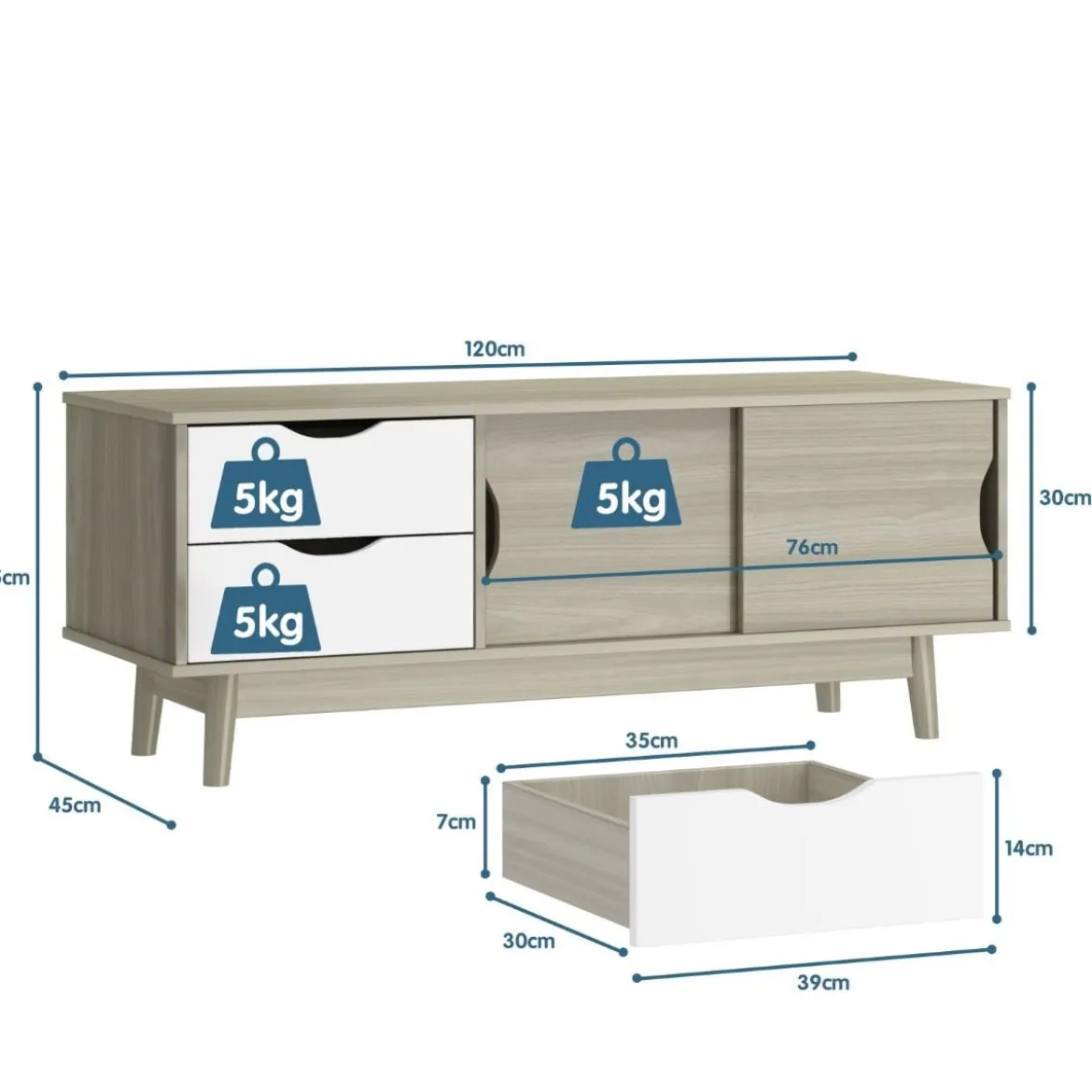 TV-Regal TV-Konsolenschrank für Fernseher bis zu 60 Zoll mit 2 Schubladen 120 x 45 x 45 cm Eiche