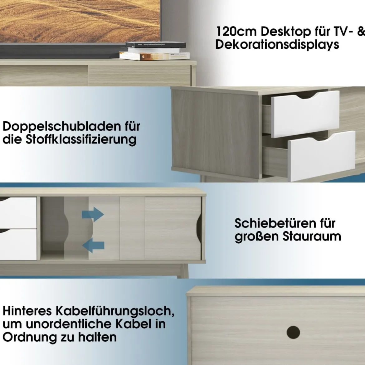 TV-Regal TV-Konsolenschrank für Fernseher bis zu 60 Zoll mit 2 Schubladen 120 x 45 x 45 cm Eiche