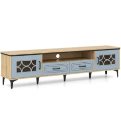 TV Schrank Bambus Lowboard für Fernseher bis zu 80 Zoll Fernsehschrank mit 2 Schubladen & 2 Türen & Fach Blau