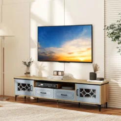 TV Schrank Bambus Lowboard für Fernseher bis zu 80 Zoll Fernsehschrank mit 2 Schubladen & 2 Türen & Fach Blau