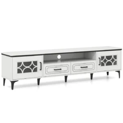 TV Schrank Bambus Lowboard für Fernseher bis zu 80 Zoll Fernsehschrank mit 2 Schubladen & 2 Türen & Fach Weiß