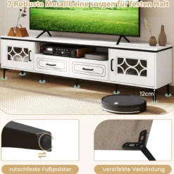 TV Schrank Bambus Lowboard für Fernseher bis zu 80 Zoll Fernsehschrank mit 2 Schubladen & 2 Türen & Fach Weiß