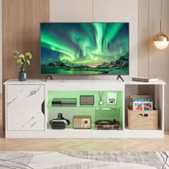 TV-Schrank Fernsehschrank mit Ablagefläche & 3 Offenen Fächer bis zu 65 Zoll Weiß