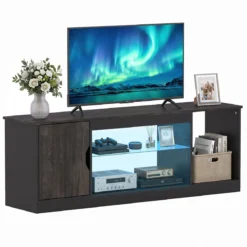 TV-Schrank Fernsehschrank mit Ablagefläche & 3 Offenen Fächer bis zu 65 Zoll Schwarz