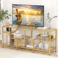 TV-Schrank Fernsehtisch für Fernseher bis zu 65 Zoll TV-Tisch Gold 147 x 40 x 62 cm