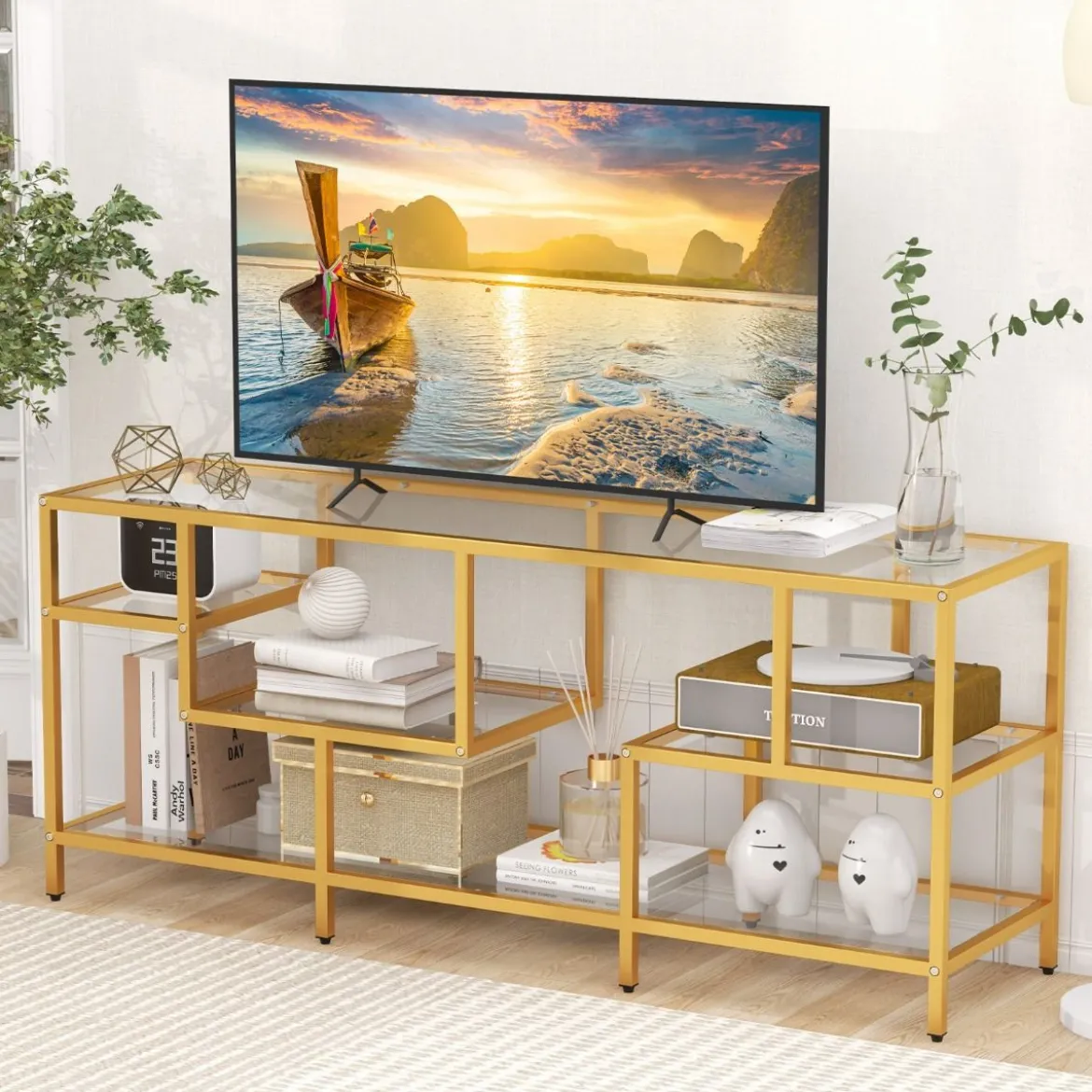 TV-Schrank Fernsehtisch für Fernseher bis zu 65 Zoll TV-Tisch Gold 147 x 40 x 62 cm