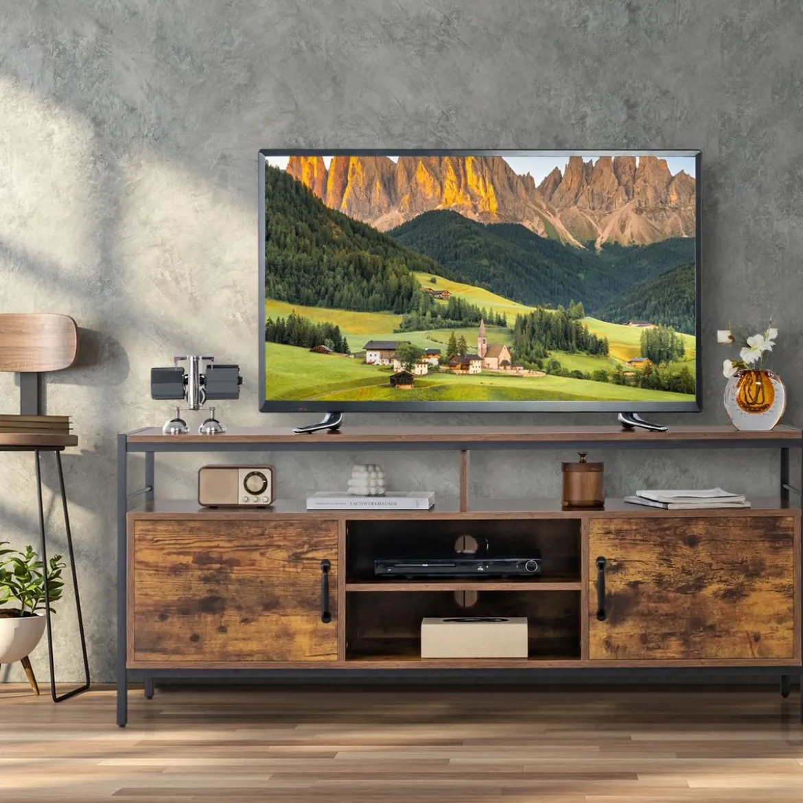 TV-Schrank für Fernseher bis zu 65 Zoll Lowboard mit 2 Türen & offenen Fächern Fernsehtisch