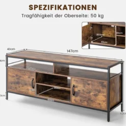 TV-Schrank für Fernseher bis zu 65 Zoll Lowboard mit 2 Türen & offenen Fächern Fernsehtisch
