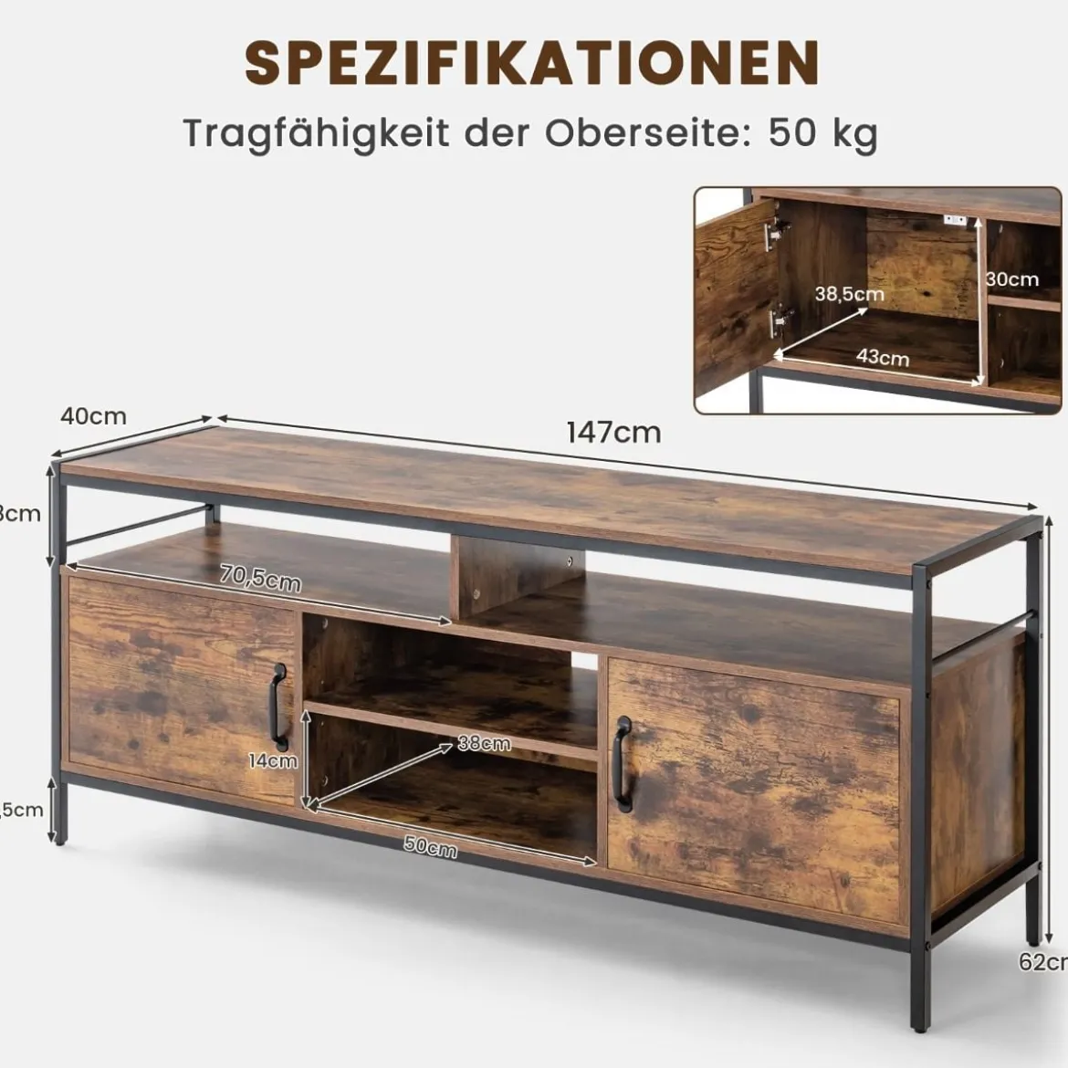 TV-Schrank für Fernseher bis zu 65 Zoll Lowboard mit 2 Türen & offenen Fächern Fernsehtisch