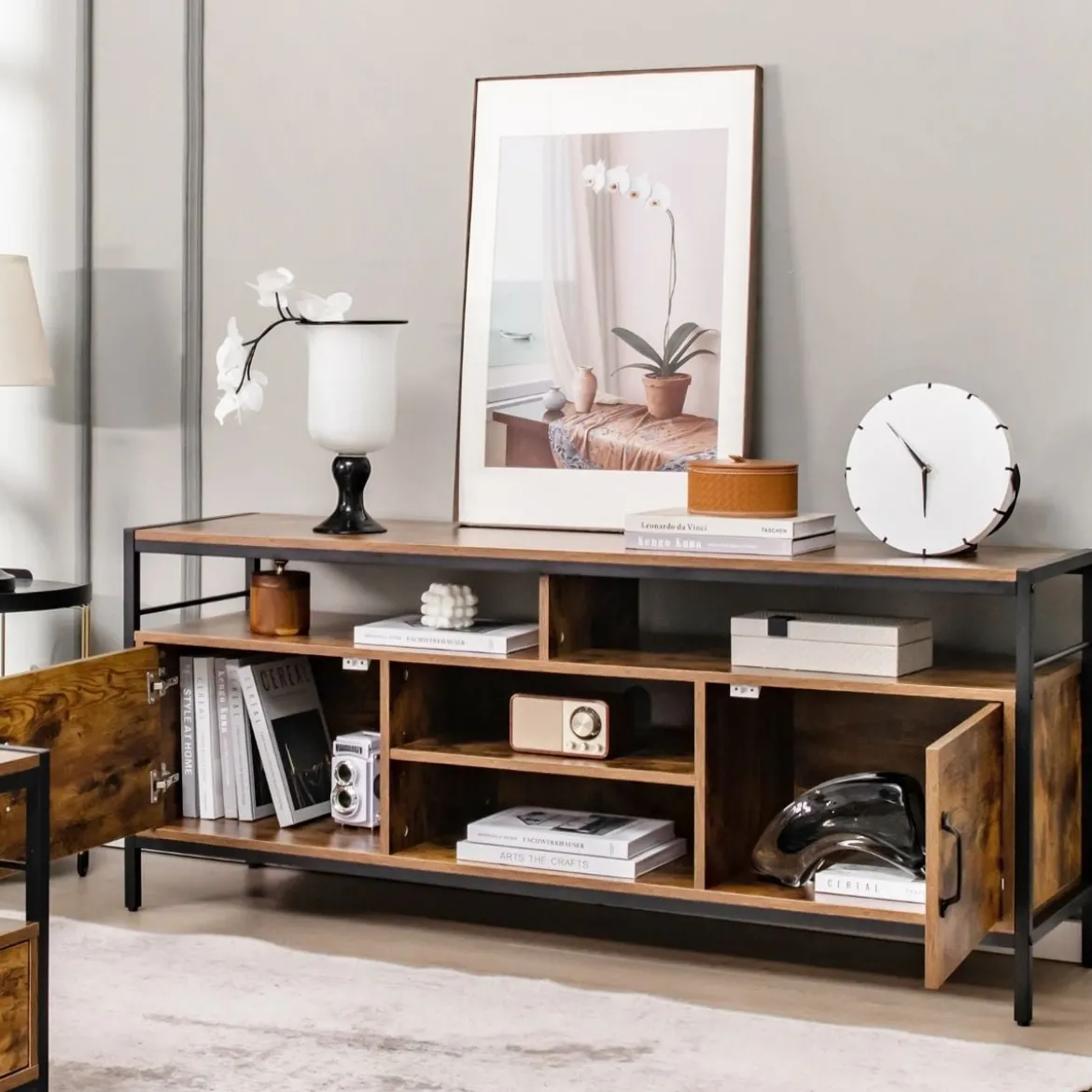 TV-Schrank für Fernseher bis zu 65 Zoll Lowboard mit 2 Türen & offenen Fächern Fernsehtisch